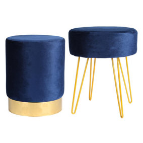 Harbour Housewares - 2 Piece Round Velvet Footstools Set - Blue