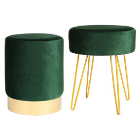 Harbour Housewares - 2 Piece Round Velvet Footstools Set - Green