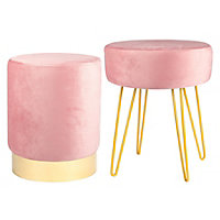 Harbour Housewares - 2 Piece Round Velvet Footstools Set - Pink