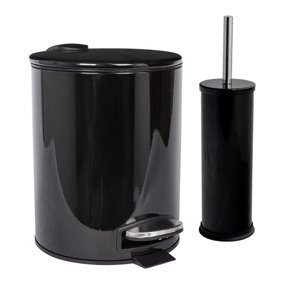 Harbour Housewares 2pc Round Stainless Steel Pedal Bin & Toilet Brush Set - 5L - Black