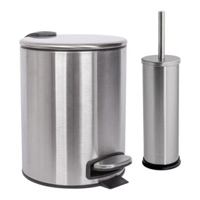 Harbour Housewares 2pc Round Stainless Steel Pedal Bin & Toilet Brush Set - 5L - Brushed