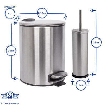 Harbour Housewares 2pc Round Stainless Steel Pedal Bin & Toilet Brush Set - 5L - Brushed - 3