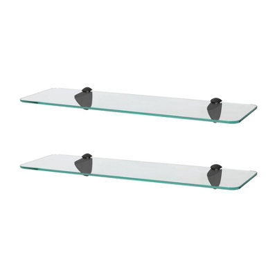 Harbour Housewares 2x Rounded Floating Glass Bathroom Shelves with Black Brackets - 50cm