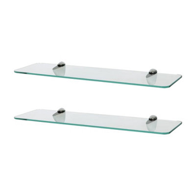 Harbour Housewares 2x Rounded Floating Glass Bathroom Shelves with Chrome Brackets - 50cm