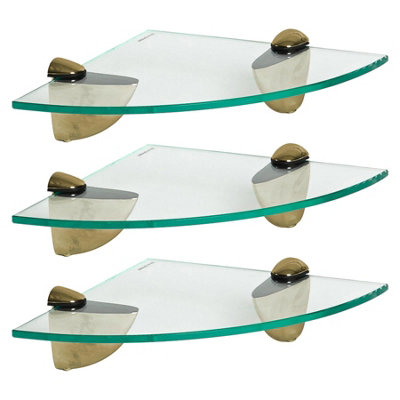 Harbour Housewares 3x Floating Glass Corner Shelves - 20cm - Gold Brackets - Bathroom Shower Storage Vanity Display Unit Shelf