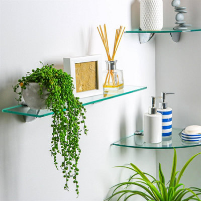 Harbour Housewares 3x Floating Glass Corner Shelves - 20cm - Gold Brackets - Bathroom Shower Storage Vanity Display Unit Shelf