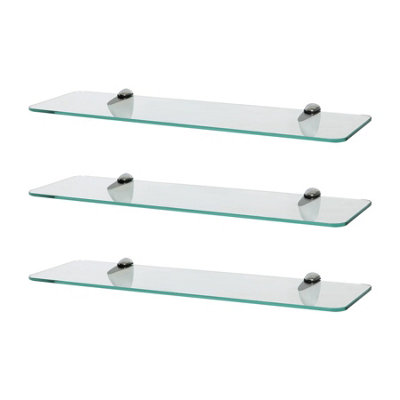 Harbour Housewares 3x Rounded Floating Glass Bathroom Shelves with Chrome Brackets - 50cm