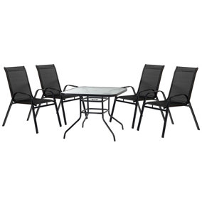 Harbour Housewares - 4 Person Garden Furniture Set - Glass Top Outdoor Patio Coffee Bistro Table and Chairs - 90 x 90cm - Black