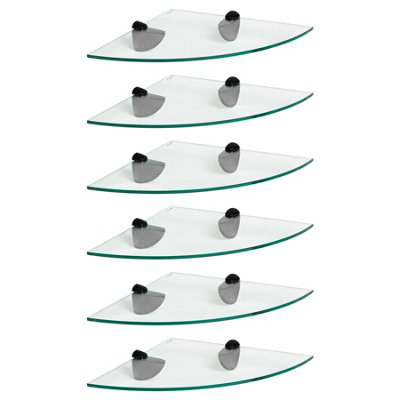 Harbour Housewares 6x Floating Glass Corner Shelves - 30cm - Black Brackets - Bathroom Shower Storage Vanity Display Unit Shelf