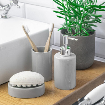 Harbour Housewares - Ceramic Bathroom Accessories Set - Grey - 3pc - 4