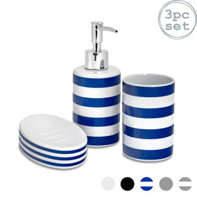 Harbour Housewares - Ceramic Bathroom Accessories Set - Navy Stripe - 3pc