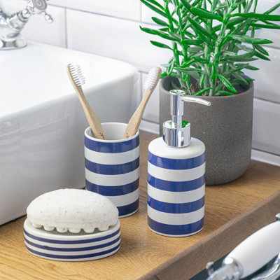 Harbour Housewares - Ceramic Bathroom Accessories Set - Navy Stripe - 3pc - 4