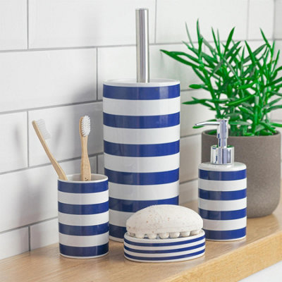 Harbour Housewares - Ceramic Bathroom Accessories Set - Navy Stripe - 4pc - 6