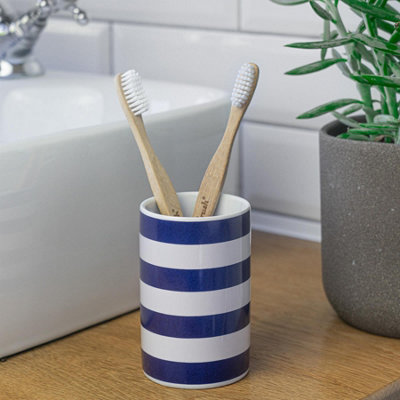 Harbour Housewares - Ceramic Bathroom Accessories Set - Navy Stripe - 4pc - 7