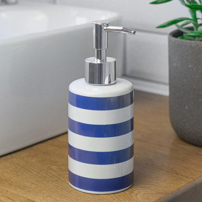 Harbour Housewares - Ceramic Bathroom Accessories Set - Navy Stripe - 4pc - 4