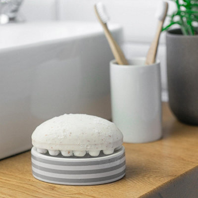 Harbour Housewares - Ceramic Soap Dish - Grey Stripe - 5