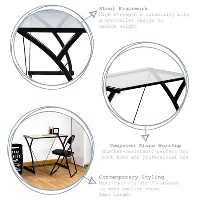 Harbour Housewares - Computer Desk and Chair Set - Glass Top - 2pc - Black/Black