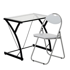 Harbour Housewares - Computer Desk and Chair Set - Glass Top - 2pc - Black/White