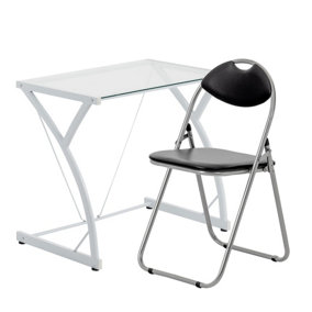 Harbour Housewares - Computer Desk and Chair Set - Glass Top - 2pc - White/Black