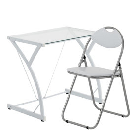 Harbour Housewares - Computer Desk and Chair Set - Glass Top - 2pc - White/White