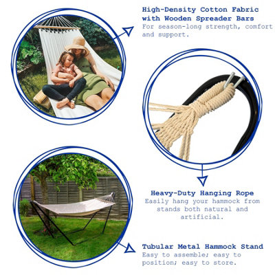 Harbour Housewares - Cotton Garden Hammock with Stand - Grey/White Stripe