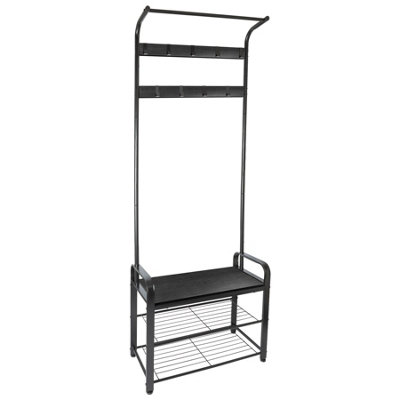 Harbour Housewares Curved Steel Coat Rack with Shoe Storage Bench - Black/Black
