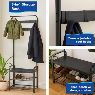 Harbour Housewares Curved Steel Coat Rack with Shoe Storage Bench - Black/Black