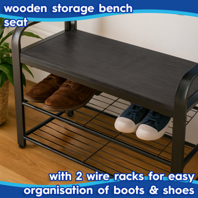 Harbour Housewares Curved Steel Coat Rack with Shoe Storage Bench - Black/Black - 4
