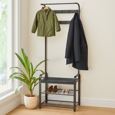 Harbour Housewares Curved Steel Coat Rack with Shoe Storage Bench - Black/Black - 5
