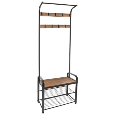 Harbour Housewares Curved Steel Coat Rack with Shoe Storage Bench - Black/Brown