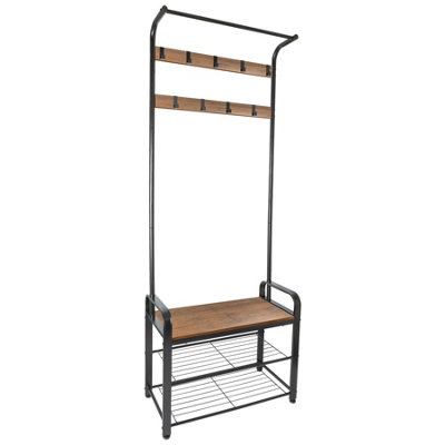 Harbour Housewares Curved Steel Coat Rack with Shoe Storage Bench - Black/Brown