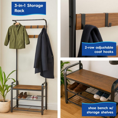 Harbour Housewares Curved Steel Coat Rack with Shoe Storage Bench - Black/Brown