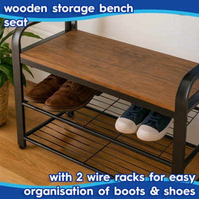 Harbour Housewares Curved Steel Coat Rack with Shoe Storage Bench - Black/Brown - 4