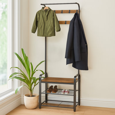 Harbour Housewares Curved Steel Coat Rack with Shoe Storage Bench - Black/Brown - 5