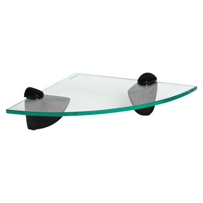 Harbour Housewares Floating Glass Corner Shelf - 20cm - Black Brackets - Bathroom Shower Storage Vanity Display Unit Shelf
