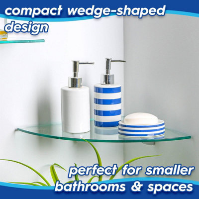 Harbour Housewares Floating Glass Corner Shelf - 20cm - Black Brackets - Bathroom Shower Storage Vanity Display Unit Shelf
