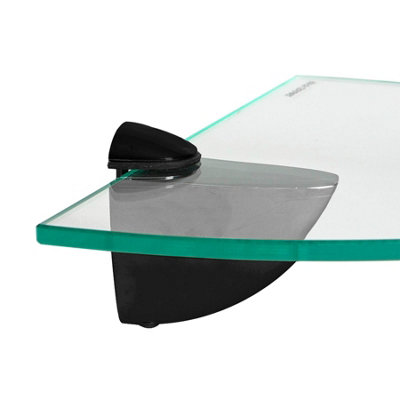 Harbour Housewares Floating Glass Corner Shelf - 20cm - Black Brackets - Bathroom Shower Storage Vanity Display Unit Shelf