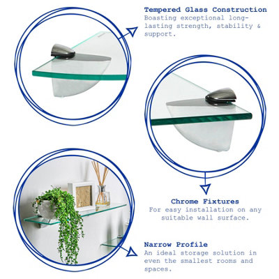 Harbour Housewares Floating Glass Corner Shelves - 30cm - Pack of 6