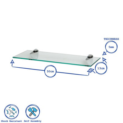 Harbour Housewares Rounded Floating Glass Bathroom Shelf - 50cm - Clear/ Chrome - 1x Wall-Mounted Kitchen Bedroom Shower Room Décor Caddy Towel Storage Organiser Shelving Rack With Brackets