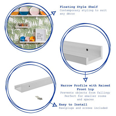 Harbour Housewares - Floating Picture Ledge Wall Shelves - 57cm - White - Pack of 6