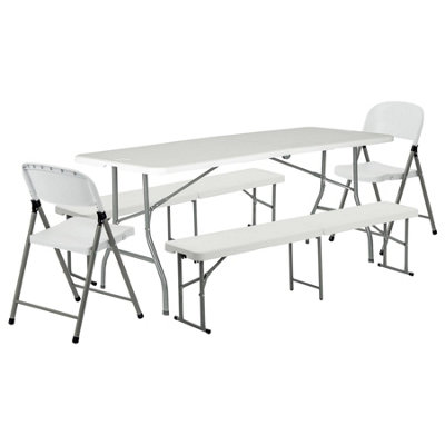 Harbour Housewares Folding Camping Picnic Table, Bench & Chair Set - 180cm (6ft) - White
