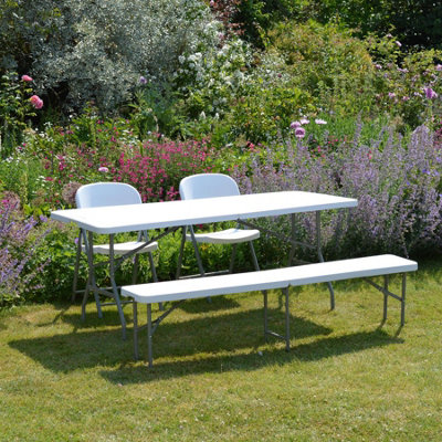 Harbour Housewares Folding Camping Picnic Table, Bench & Chair Set - 180cm (6ft) - White