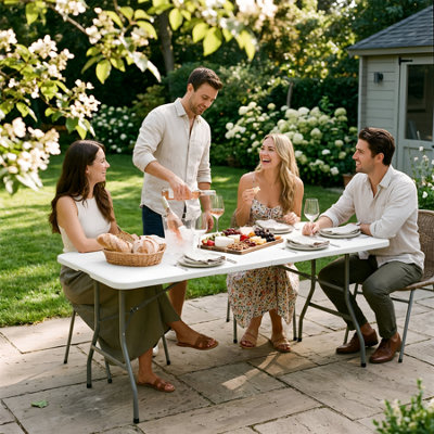 Harbour Housewares Folding Camping Picnic Tables - 180cm (6ft) - White - Pack of 2