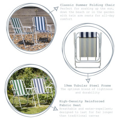 Harbour Housewares - Folding Metal Beach Chairs - Blue/Green Stripe - Pack of 4