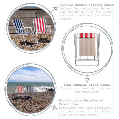 Harbour Housewares - Folding Metal Beach Chairs - Blue/Red Stripe - Pack of 2