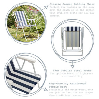 Harbour Housewares - Folding Metal Beach Chairs - Blue Stripe - Pack of 2
