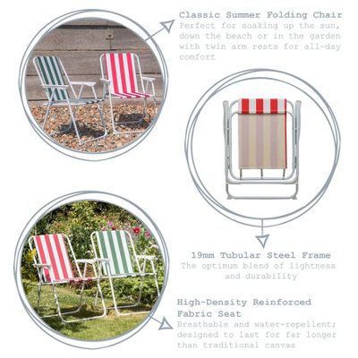Harbour Housewares - Folding Metal Beach Chairs - Red/Green Stripe - Pack of 2