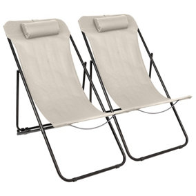 Harbour Housewares Folding Metal Deck Chairs - Matt Black/Beige - Pack of 2
