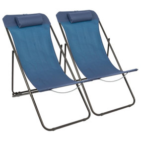 Harbour Housewares Folding Metal Deck Chairs - Matt Black/Navy - Pack of 2