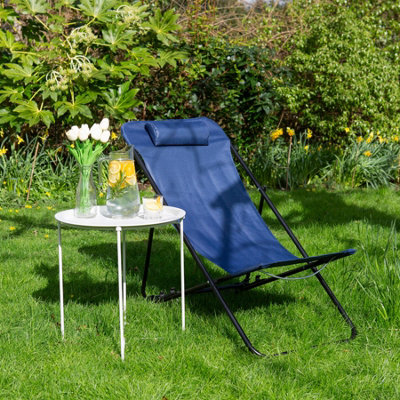 Harbour Housewares Folding Metal Deck Chairs - Matt Black/Navy - Pack of 4 - 6